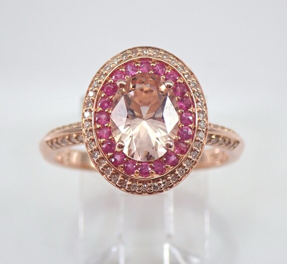 Oval Morganite Pink Sapphire and Diamond Halo Engagement Ring 14K Rose Gold Size 7 FREE SIZING