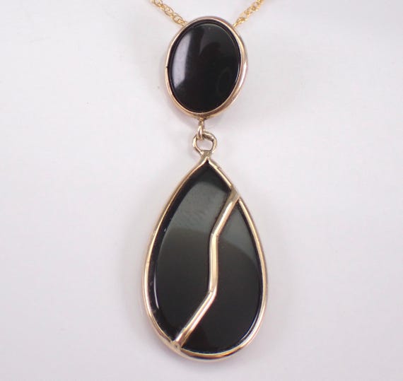 Vintage 14K Yellow Gold Onyx Necklace - Teardrop Gemstone Charm Pendant and Chain -  Estate Jewelry Gift