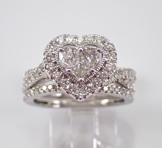 14K White Gold Diamond Heart Engagement Ring Set - Matching Wedding Anniversary Band - Unique Bridal Jewelry Gift