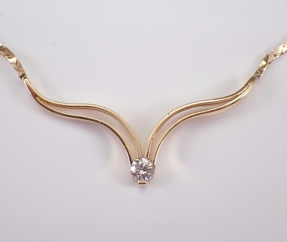Vintage 14K Yellow Gold Diamond Necklace - Chevron Lariat V Station Pendant and Chain - Estate Fine Jewelry Choker Gift