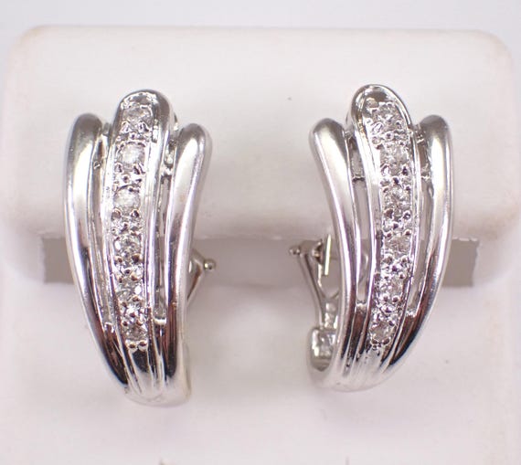 Vintage 14K Yellow Gold Diamond Half Hoop Earrings: Estate Omega Clasp Huggies