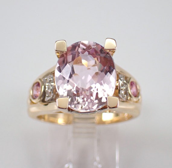 Large Kunzite and Pink Sapphire Ring - 14K Yellow Gold Diamond Setting - Bridal Engagement Fine Jewelry Gift