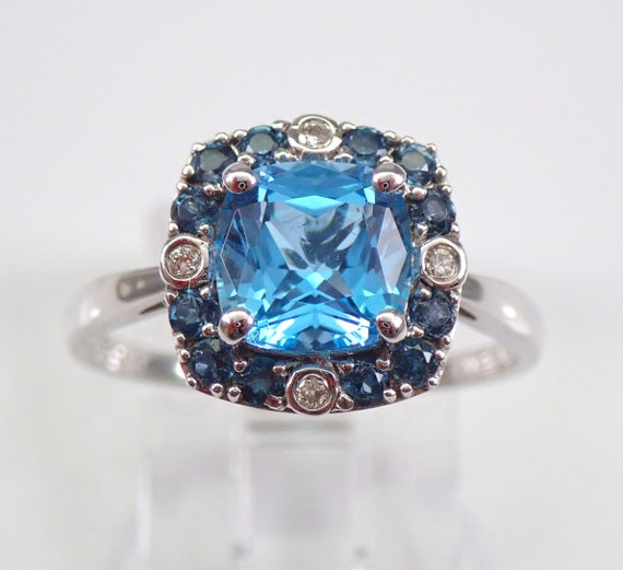 14K White Gold Blue Topaz and Diamond Ring - Gemstone Halo Engagement Setting - December Birthstone Jewelry Gift