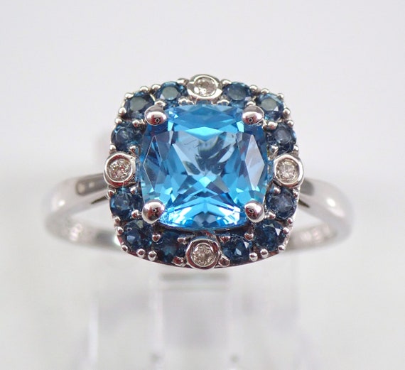 Cushion Cut Blue Topaz Halo Ring || Solid 14K White Gold Diamond Engagement Ring || December Birthstone Jewelry for Her