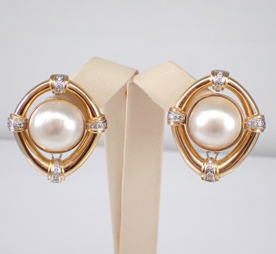 Vintage 14K Yellow Gold Mabe Pearl Earrings - Large Chunky Diamond Setting - June Birthstone Gemstone Fine Jewelry Gift