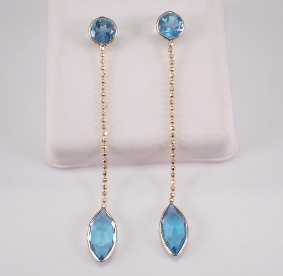 14K Yellow Gold Blue Topaz Dangle Earrings: Unique Teardrop Vintage Gemstone Drops