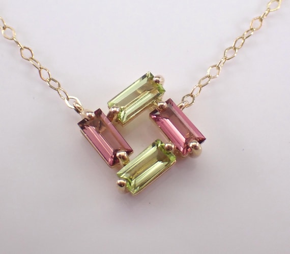 14K Yellow Gold Peridot and Pink Tourmaline Pendant and Chain: Baguette Gemstone Choker Charm Necklace