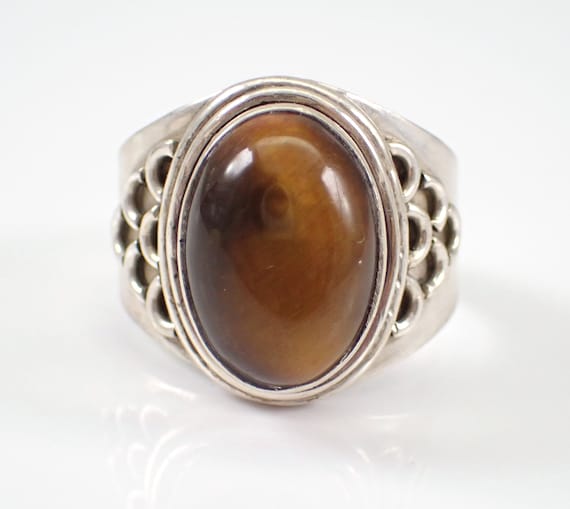 Vintage Sterling Silver Tigers Eye Ring, Unique Oval Bezel Setting, Estate Index Finger Ring