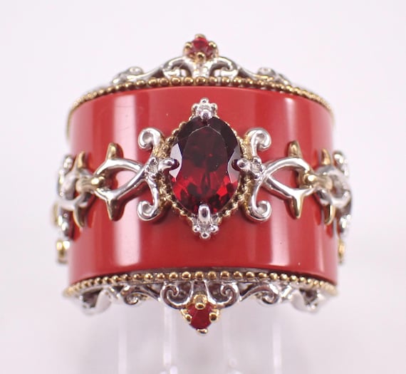 Vintage Sterling Silver Garnet and Coral Ring - Unique Two Tone Chunky Band - MICHAEL VALITUTTI Jewelry Gift