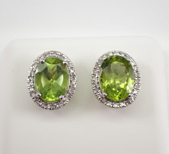 Large Peridot and Diamond Stud Earrings - Solid White Gold Fine Jewelry - August Birthstone Gemstone Gift