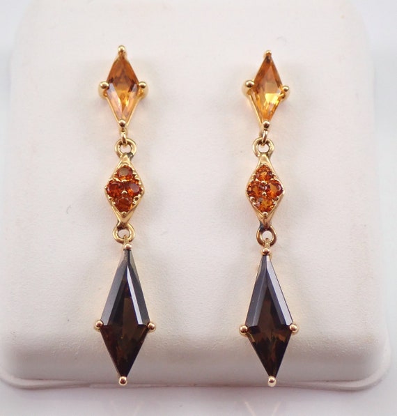 Solid 14K Yellow Gold Earrings Multi Color Gemstone Dangle Earrings Smokey Topaz Madeira Citrine Earrings