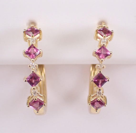 Rhodolite Garnet and Diamond Hoop Earrings - Yellow Gold Square Gemstone Hoops