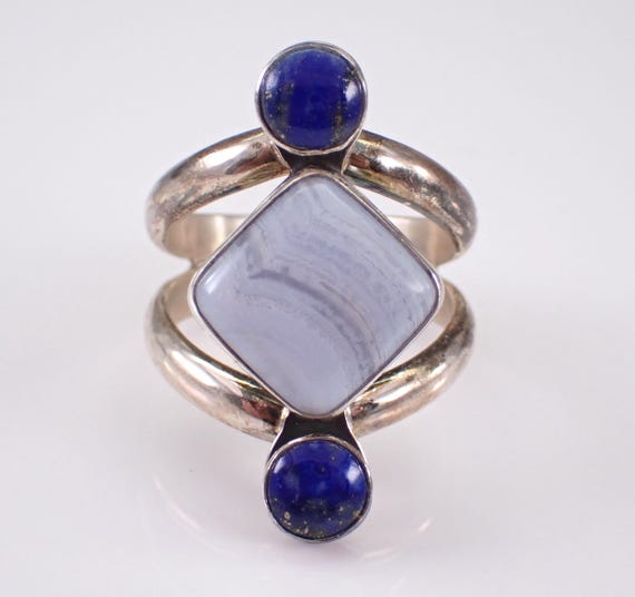 Vintage Sterling Silver Ring - Lapis Lazuli and Blue Lace Agate Bridge Band - Estate Unique Jewelry Gift