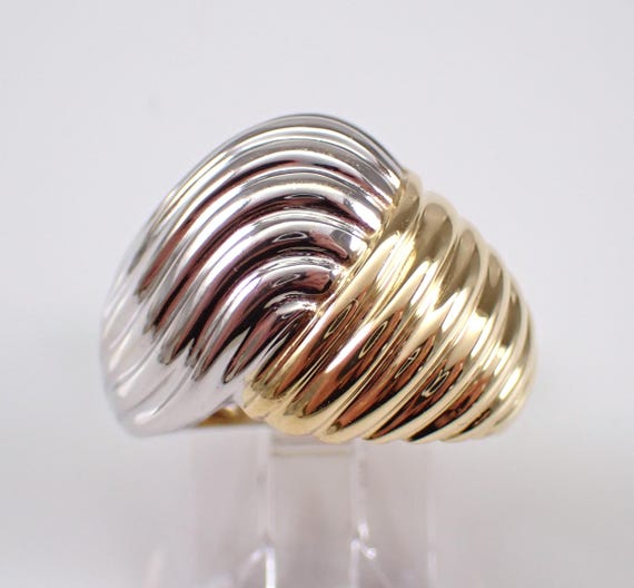 Vintage 18K Two Tone Gold Crossover Ring - Wide Right Hand Estate Cocktail Band - Unique White and Yellow Gold Fine Jewelry Gift