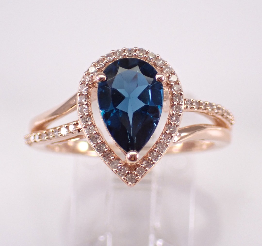 Rose Gold Blue Topaz Engagement Ring - Diamond Halo Teardrop Setting ...
