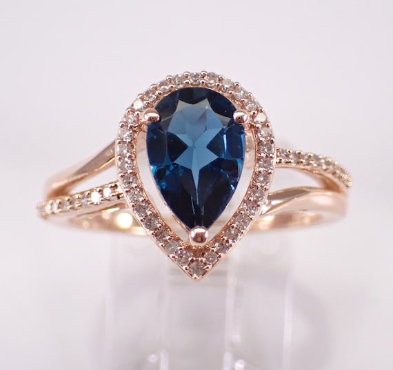 London Blue Topaz Engagement Ring - Rose Gold Diamond Halo Teardrop Setting - December Gemstone Fine Jewelry Gift