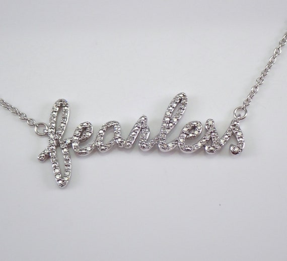 White Gold Diamond FEARLESS Necklace - Station Charm Pendant Choker Chain - Unique Fine Jewelry Gift