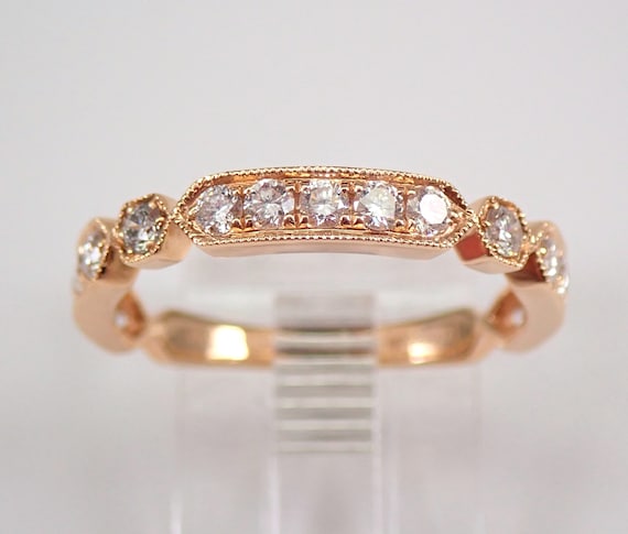 Solid 18K Rose Gold Diamond Wedding Ring - Stackable Bridal Anniversary Band