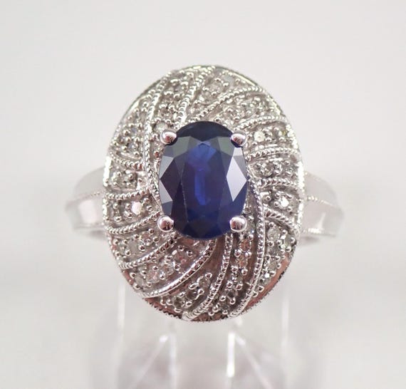 Sapphire and Diamond Vintage Style Anniversary Ring, Solid White Gold Wedding Gift, Genuine Gemstone Fine Jewelry