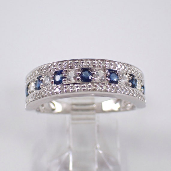 Sapphire and Diamond Wedding Ring - 14K White Gold Anniversary Band - September Birthstone Stackable Fine Jewelry