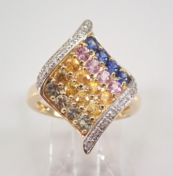 Multi Color Sapphire Ring - 14K Yellow Gold Right Hand Ring - Genuine Diamond and Gemstone Cluster Ring