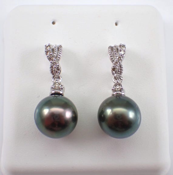 White Gold Black Pearl Earrings - Diamond Dangle Drop Setting - June Birthstone Fine Jewelry Gift