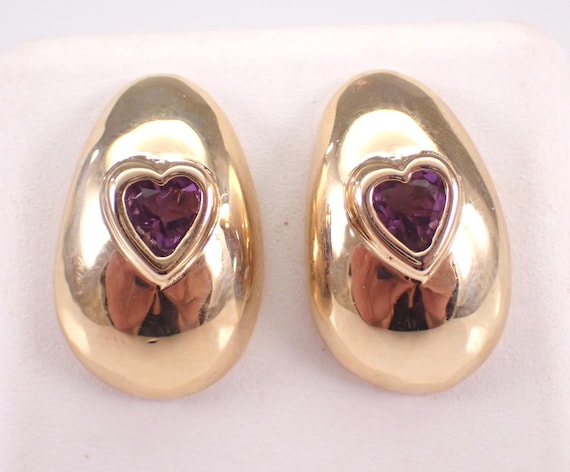 Vintage 14K Yellow Gold Amethyst Earrings - Unique Dome Half Hoop Studs - Dainty Heart Gemstone Drops