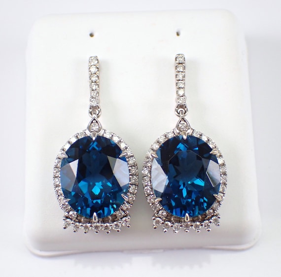 London Blue Topaz and Diamond Dangle Earrings - 14K White Gold Gemstone Halo Setting - December Birthstone Jewelry Gift