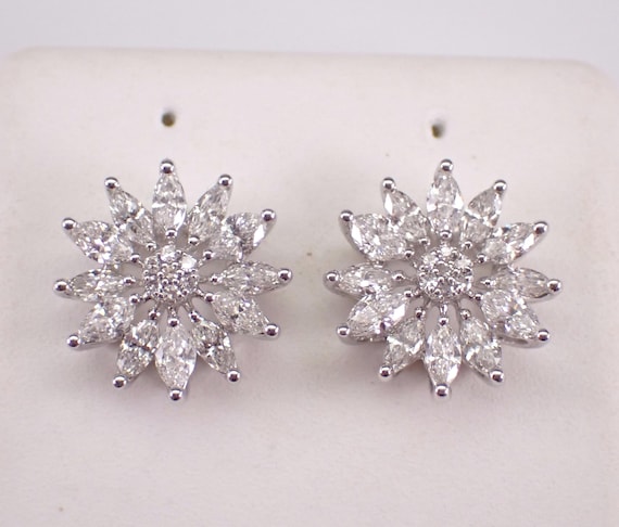 14K White Gold Diamond Stud Earrings - Star Flower Snowflake Studs - GalaxyGems Fine Jewelry Gift