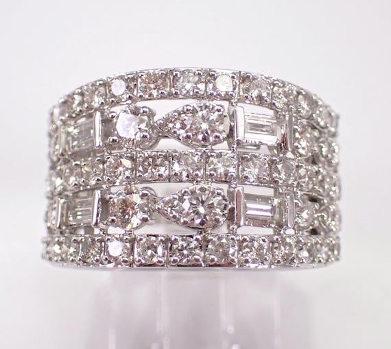 White Gold Multi Row Diamond Ring, Wedding Anniversary Cigar Band, Chunky Stackable Bridal Jewelry Gift