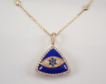 14K Yellow Gold Lapis Lazuli Sapphire Diamond Evil Eye Pendant Necklace 18" Chain