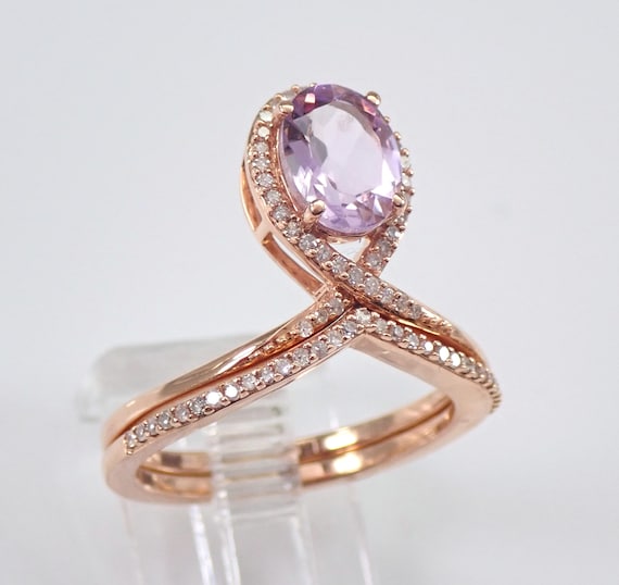 Rose Gold Amethyst and Diamond Ring Set, Engagement Setting and Matching Wedding Band, February Birthstone Bridal Promise Gift