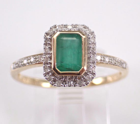 Emerald and Diamond Engagement Ring - Solid Yellow Gold Halo Gemstone Band - May Birthstone Fine Jewelry Gift