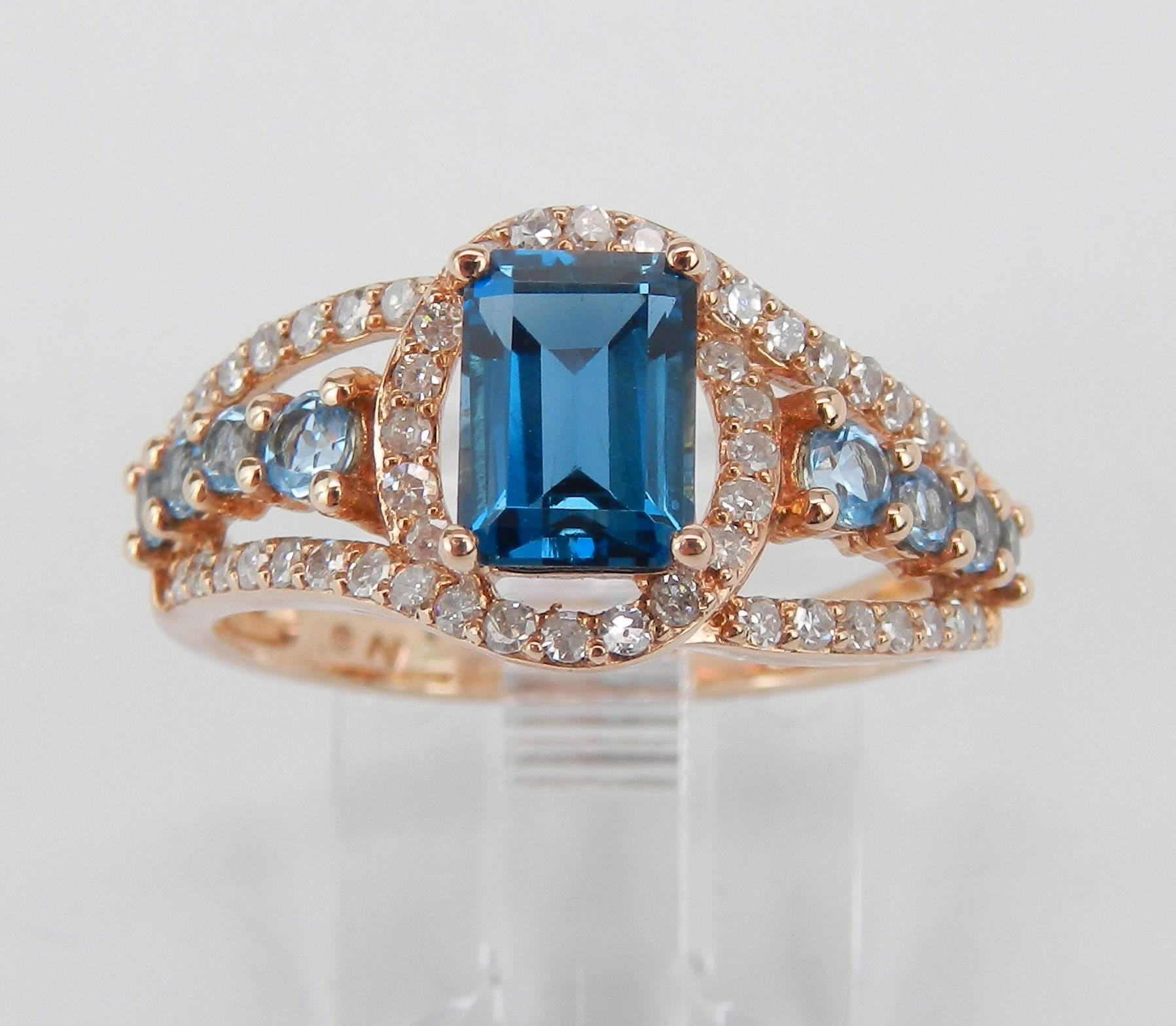 Emerald Cut London Blue Topaz and Diamond Engagement Ring Rose Gold ...