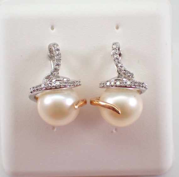 Pearl and Diamond Earrings - 14K Rose and White Gold Post Drops - June Birthstone Fine Jewelry Gift