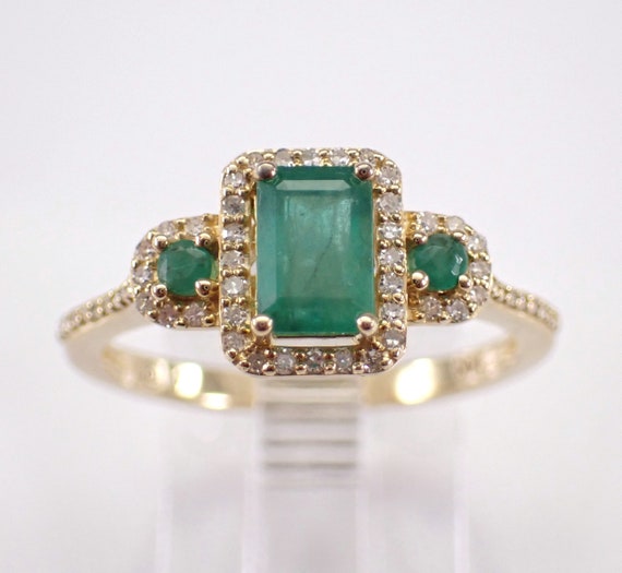 Emerald and Diamond Engagement Ring - Solid 14K Yellow Gold Three Stone Gemstone Band - May Birthstone Fine Jewelry Gift