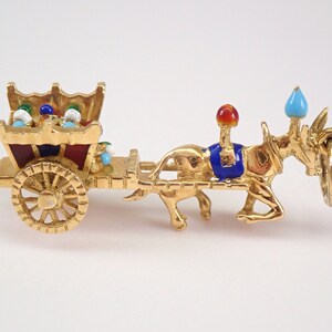 Vintage Enamel Horse and Buggy Charm - Solid 18K Yellow Gold Carriage Pendant with Moving Wheels - Antique 18K Gold Donkey Necklace Bracelet