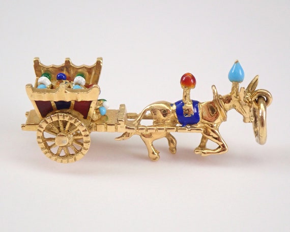 Vintage Enamel Horse and Buggy Charm - Solid 18K Yellow Gold Carriage Pendant with Moving Wheels - Antique 18K Gold Donkey Necklace Bracelet