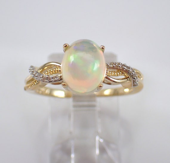 Opal and Diamond Engagement Ring - Solid Yellow Gold Gemstone Setting - October Birthstone Jewelry Gift