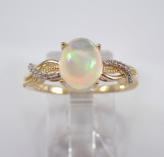 Genuine Opal and Diamond Engagement Ring - Solid Yellow Gold Oval Gemstone Ring - October Birthstone Jewelry for Her