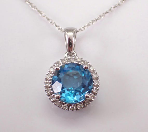 14K White Gold Blue Topaz Pendant and Chain - Diamond Halo Set Charm Necklace - Unique Bridal Fine Jewelry Gift