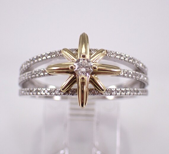 Yellow and White Gold Diamond STAR Ring - Unique Wedding Anniversary Band - Engagement Promise Jewelry Gift