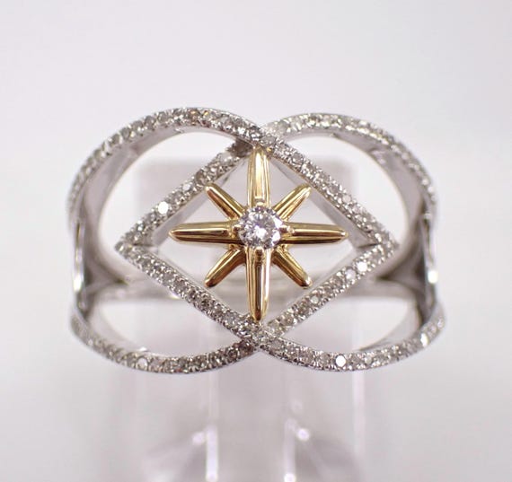 Two Tone Gold Diamond Star Anniversary Band - Unique Stackable Wedding Ring - Bridal Fine Jewelry Gift