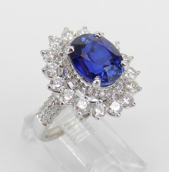 18K White Gold Diamond and Sapphire Ring - Chatham Sapphire Halo Ballerina Setting - Bridal Engagement Fine Jewelry Gift