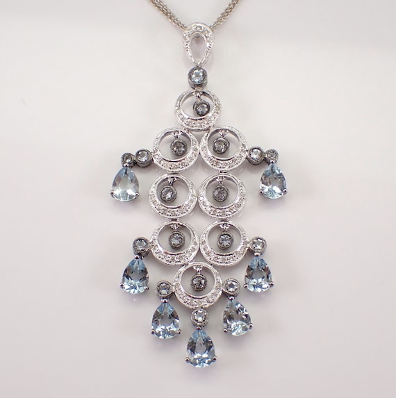Aquamarine and Diamond Chandelier Necklace, 18K White Gold Triple Strand Pendant Chain, Gemstone Fine Jewelry Gift