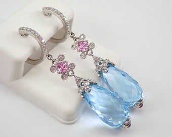 14K White Gold Blue Topaz Briolette Earrings, Diamond Dangle Leverback Charms, Pink and Blue Gemstone Jewelry Gift