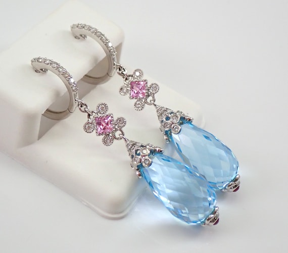 14K White Gold Blue Topaz Briolette Earrings, Diamond Dangle Leverback Charms, Pink and Blue Gemstone Jewelry Gift
