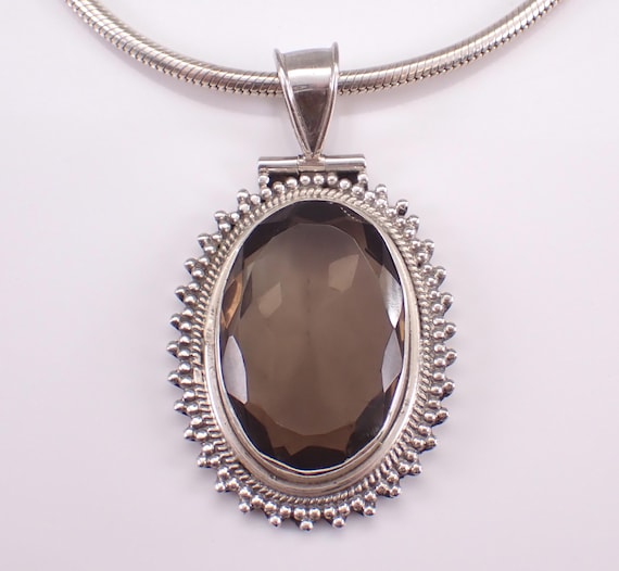 Sterling Silver Smokey Topaz Necklace - Vintage Big Gemstone Charm Pendant - Estate Snake Chain Choker