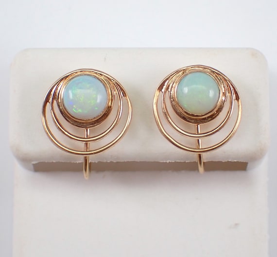 Vintage 14K Yellow Gold Opal Earrings - Antique Screw Back Clip On Studs - Estate Non Pierced Bezel Set Gemstone