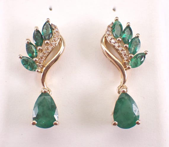 Yellow Gold Emerald and Diamond Earrings: Teardrop Gemstone Dangles